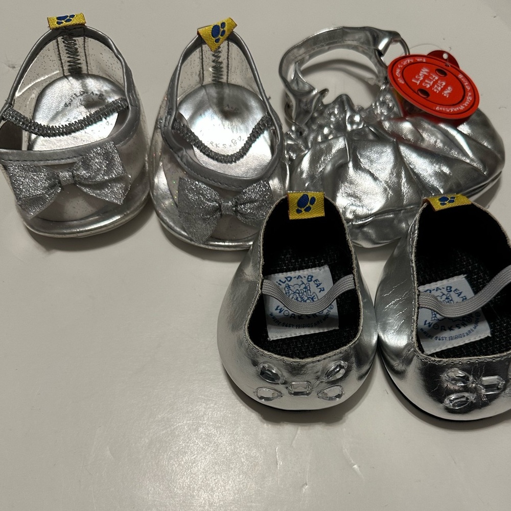 5PC BUILD A BEAR SILVER SHOES BAG DRESSY BOW GEM DETAIL ACCENTS ACCESSORIES LOT